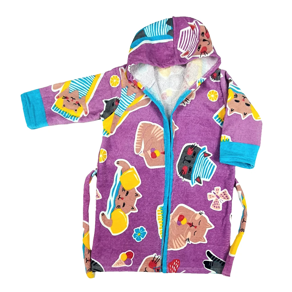 Export Leftovers 100% Cotton Kids Bath Gown - Cats kids bathrobe cat printed design front side